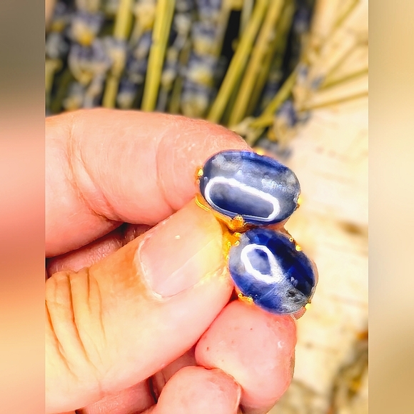 Genuine Natural Blue Kyanite Stud Earrings In Gold Plated - Picture 6 of 6